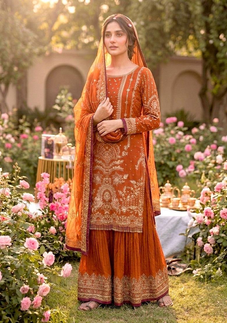 Orange Printed Georgette Kurta Set - Indya