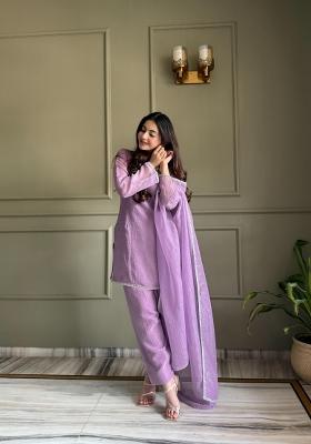 Lavender Printed Silk Kurta Set