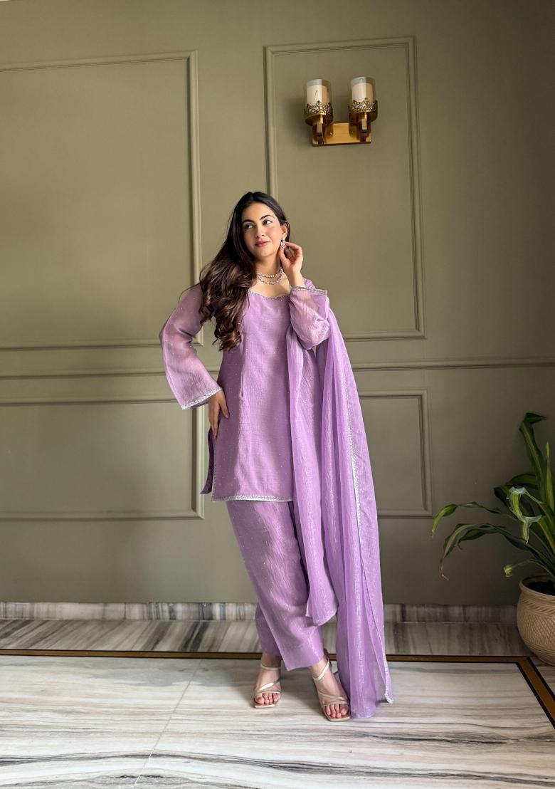 Lavender Printed Silk Kurta Set - Indya