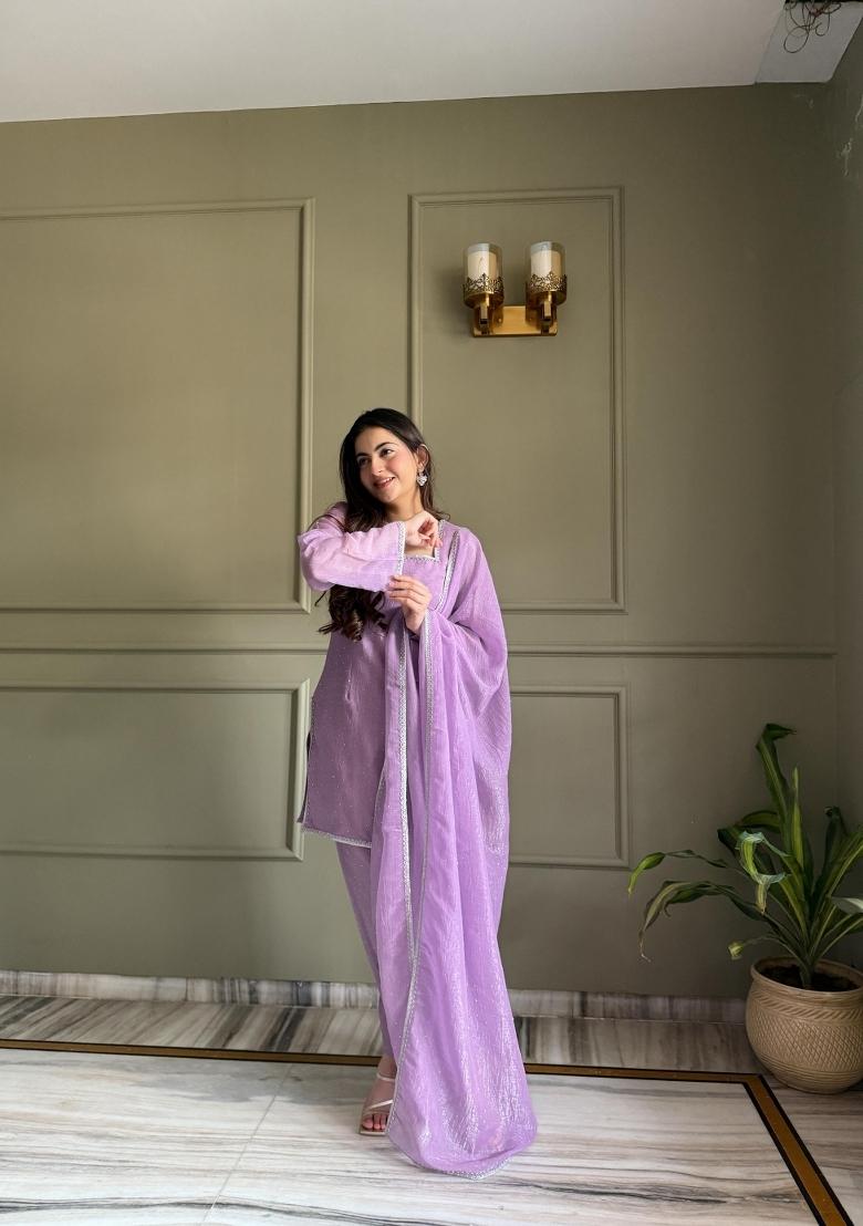 Lavender Printed Silk Kurta Set - Indya