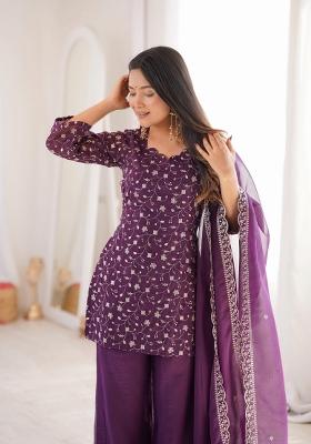 Wine Purple Printed Silk Kurta Set