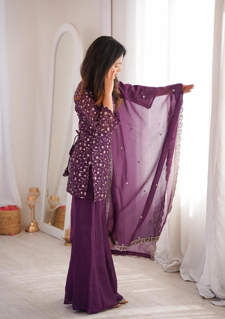 Wine Purple Printed Silk Kurta Set - Indya