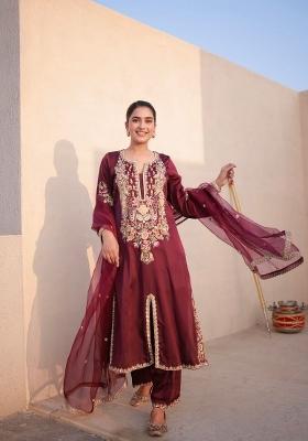Maroon Printed Silk Kurta Set