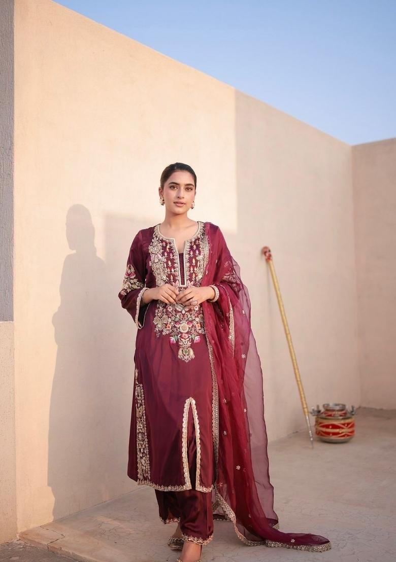 Maroon Printed Silk Kurta Set - Indya