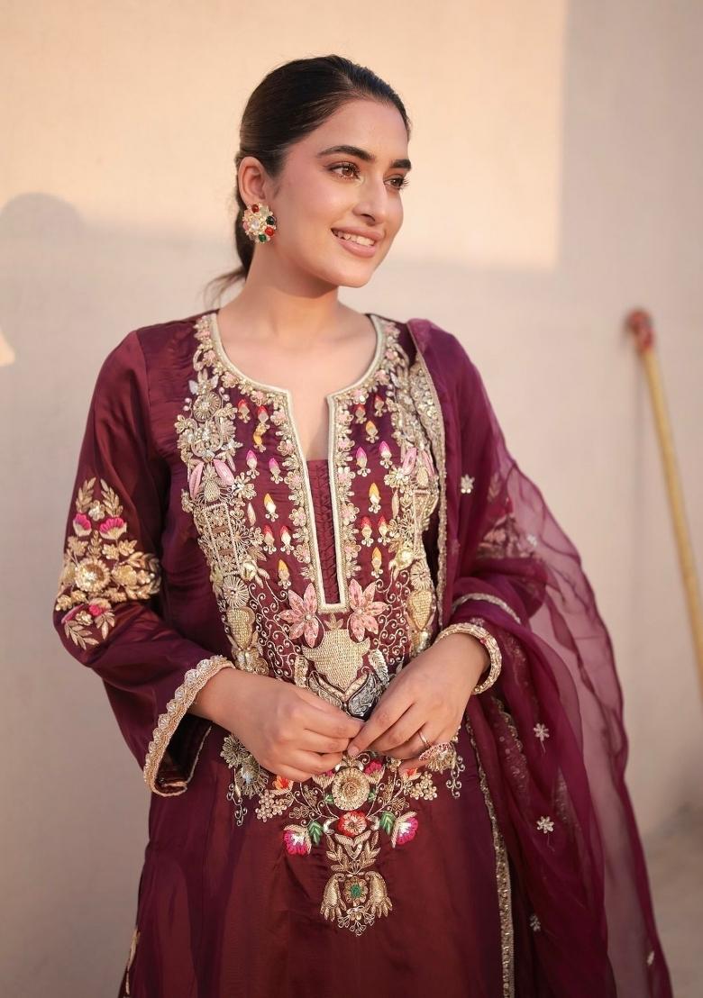 Maroon Printed Silk Kurta Set - Indya