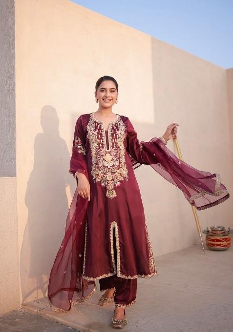 Maroon Printed Silk Kurta Set