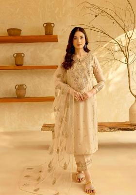 Cream Printed Silk Kurta Set