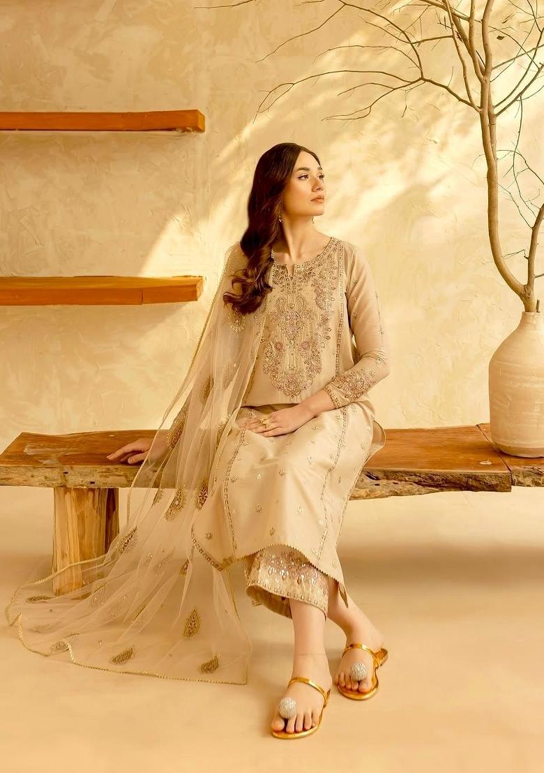 Cream Printed Silk Kurta Set - Indya