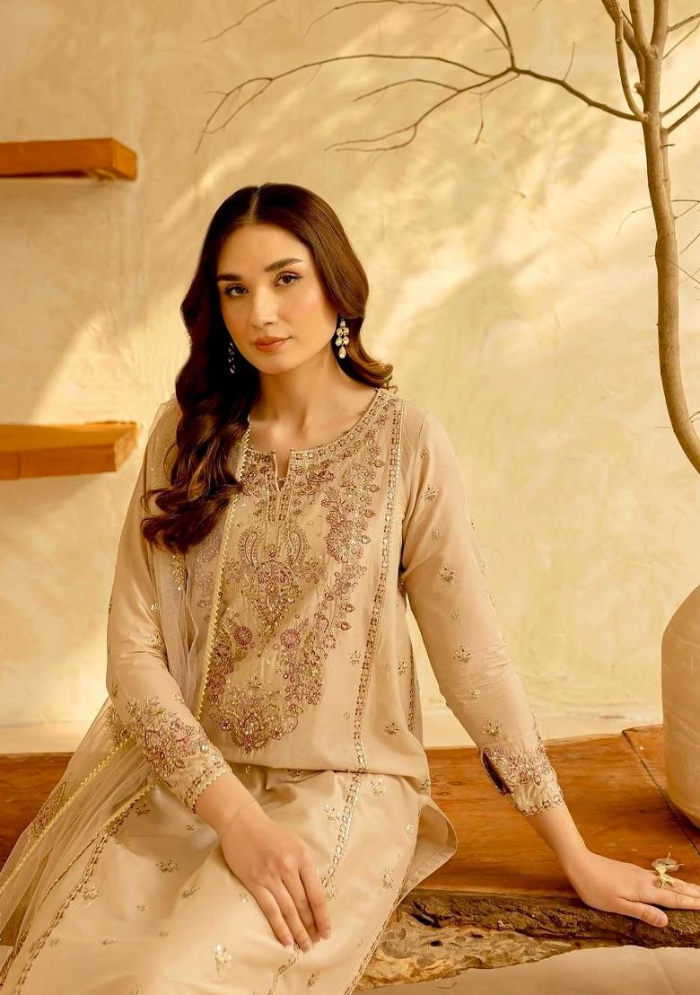 Cream Printed Silk Kurta Set - Indya