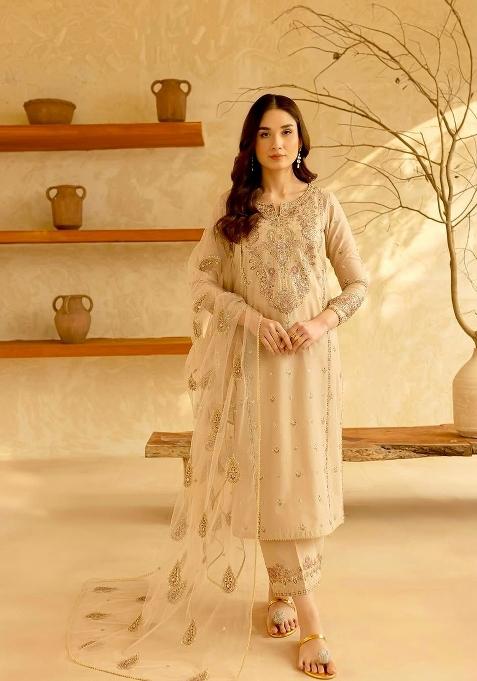 Cream Printed Silk Kurta Set