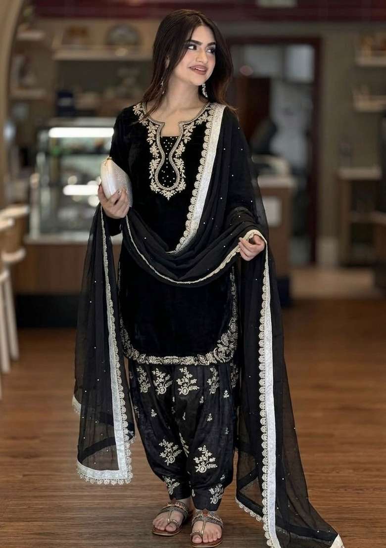 Black Printed Silk Blend Kurta Set - Indya