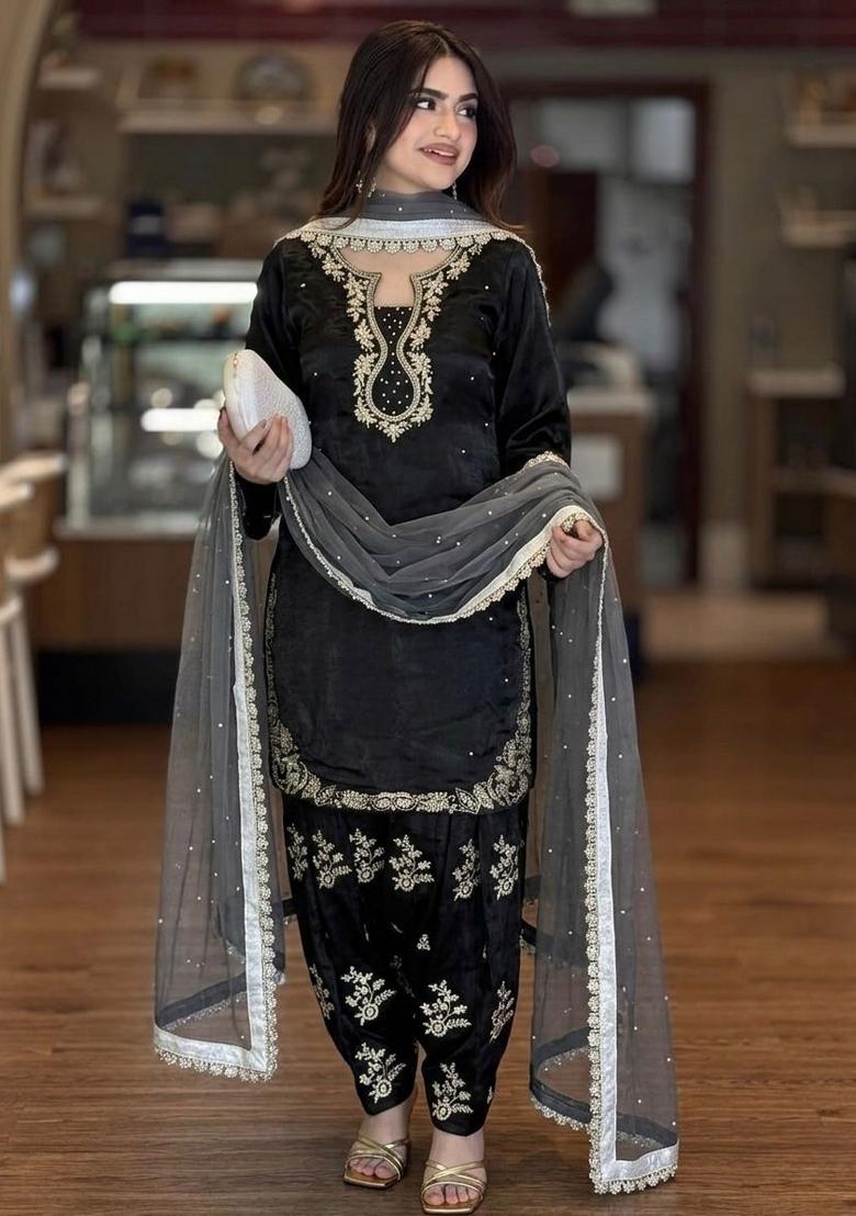 Black Printed Silk Kurta Set - Indya