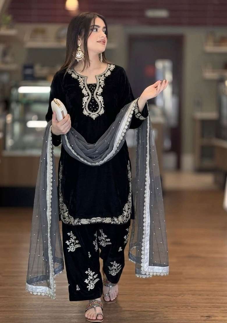 Black Printed Silk Blend Kurta Set - Indya
