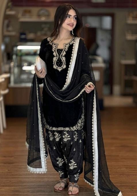 Black Printed Silk Kurta Set