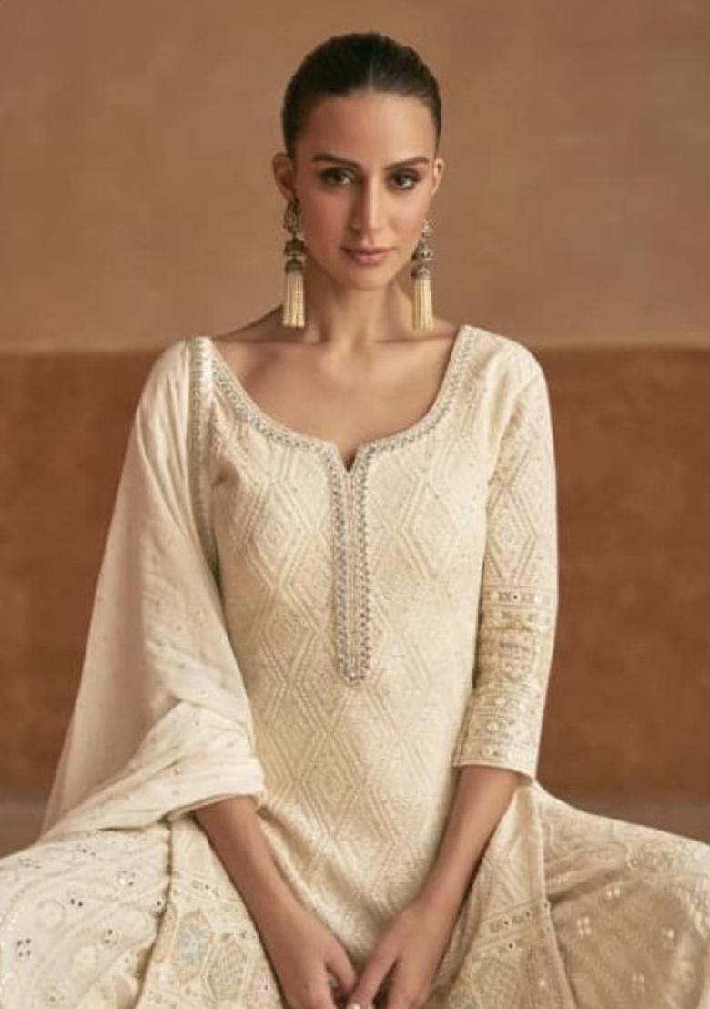 Cream Embroidery Georgette Salwar Kameez - Indya