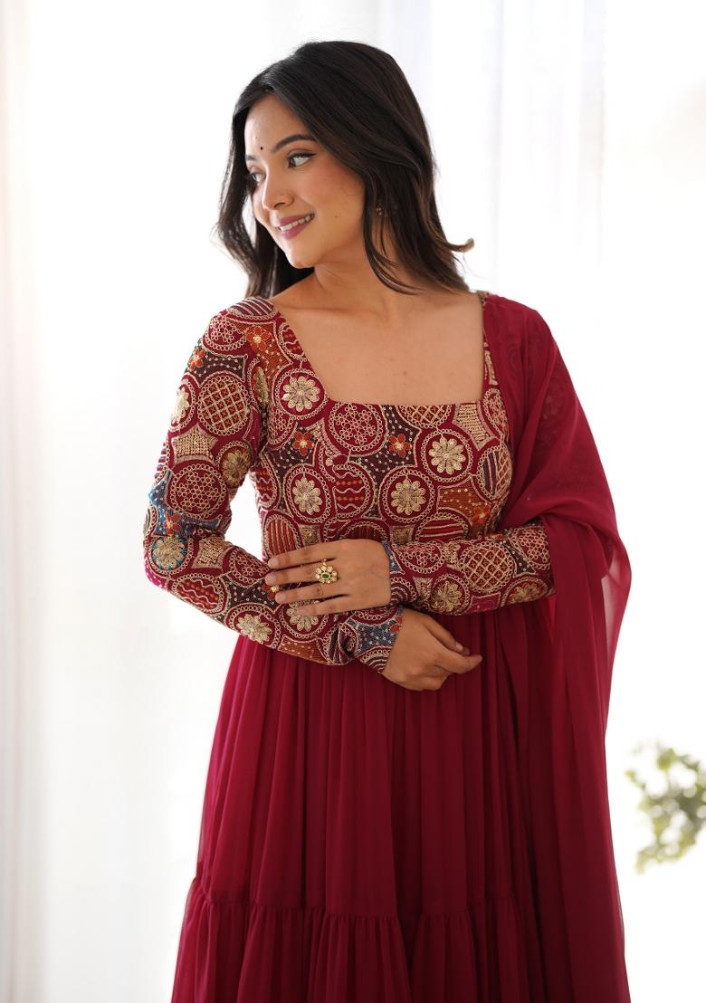 Maroon Thread Work Georgette Salwar Kameez - Indya
