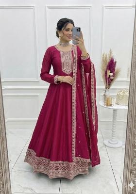 Dark Rani Pink Thread Work Silk Anarkali With Dupatta