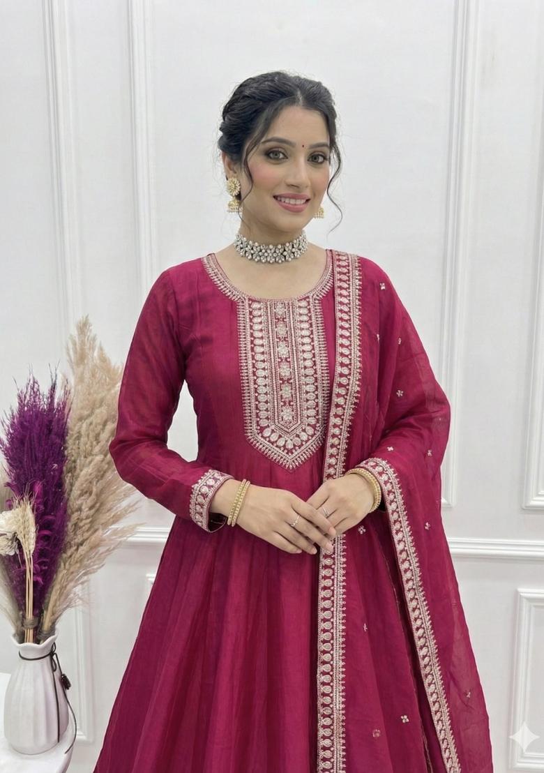 Dark Rani Pink Thread Work Silk Anarkali With Dupatta - Indya