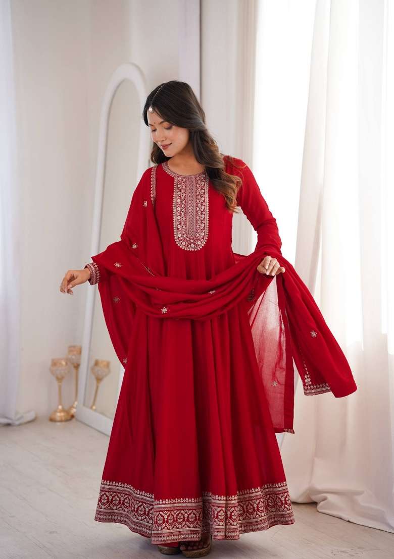 Red Thread Work Silk Blend Anarkali Set - Indya