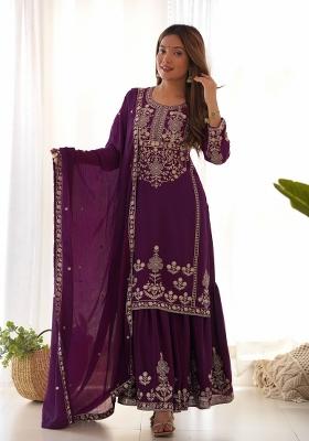 Purple Thread Work Chinon Salwar Kameez