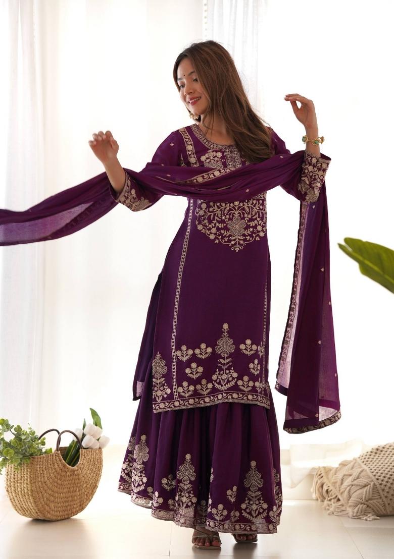Purple Thread Work Chinon Salwar Kameez - Indya