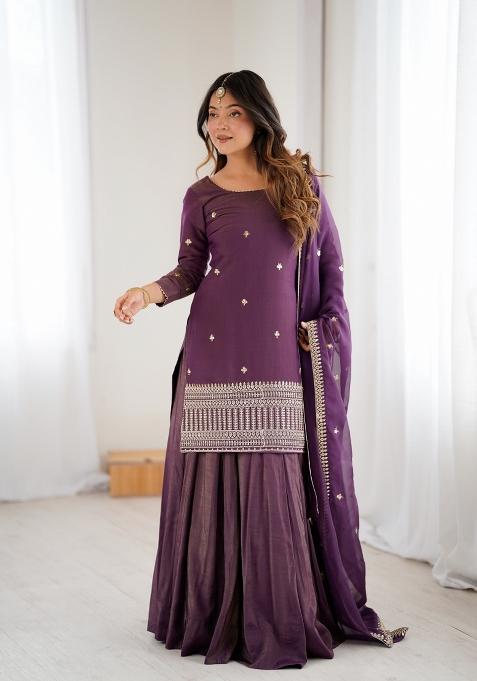 Wine Thread Work Silk Salwar Kameez