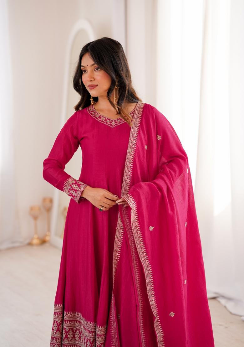 Rani Pink Thread Work Silk Salwar Kameez - Indya