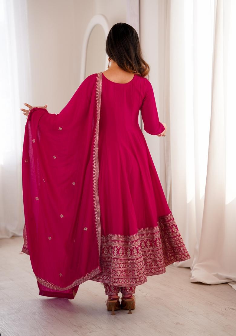 Rani Pink Thread Work Silk Salwar Kameez - Indya