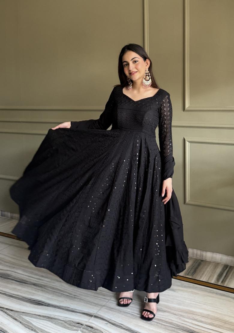 Black Thread Work Georgette Salwar Kameez - Indya