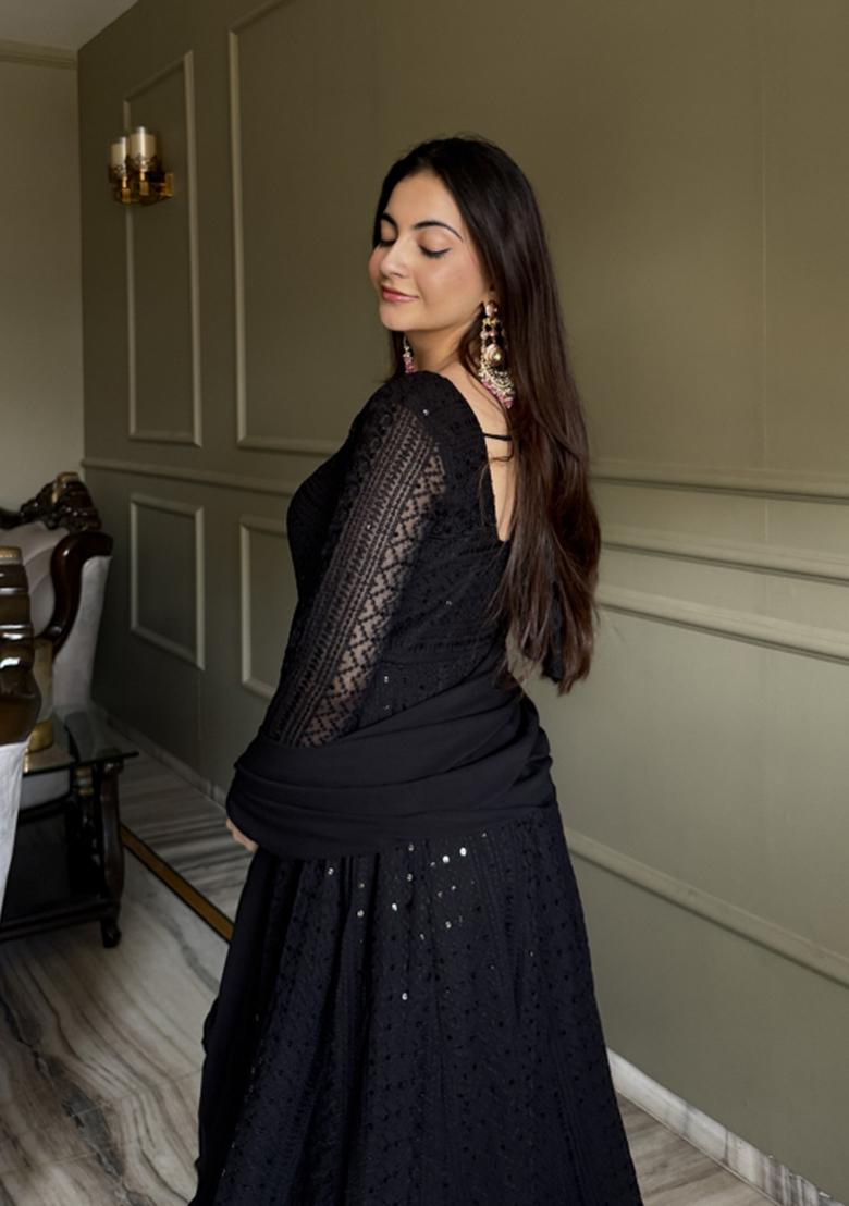 Black Thread Work Georgette Salwar Kameez - Indya