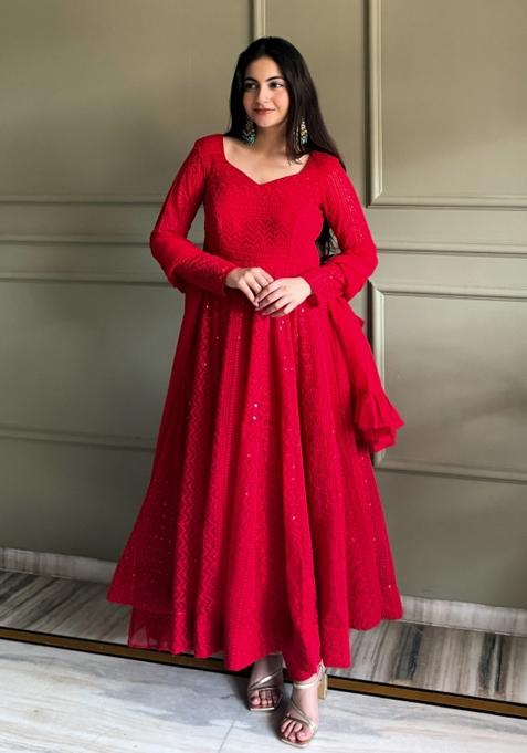 Red Thread Work Georgette Salwar Kameez — view on Indya
