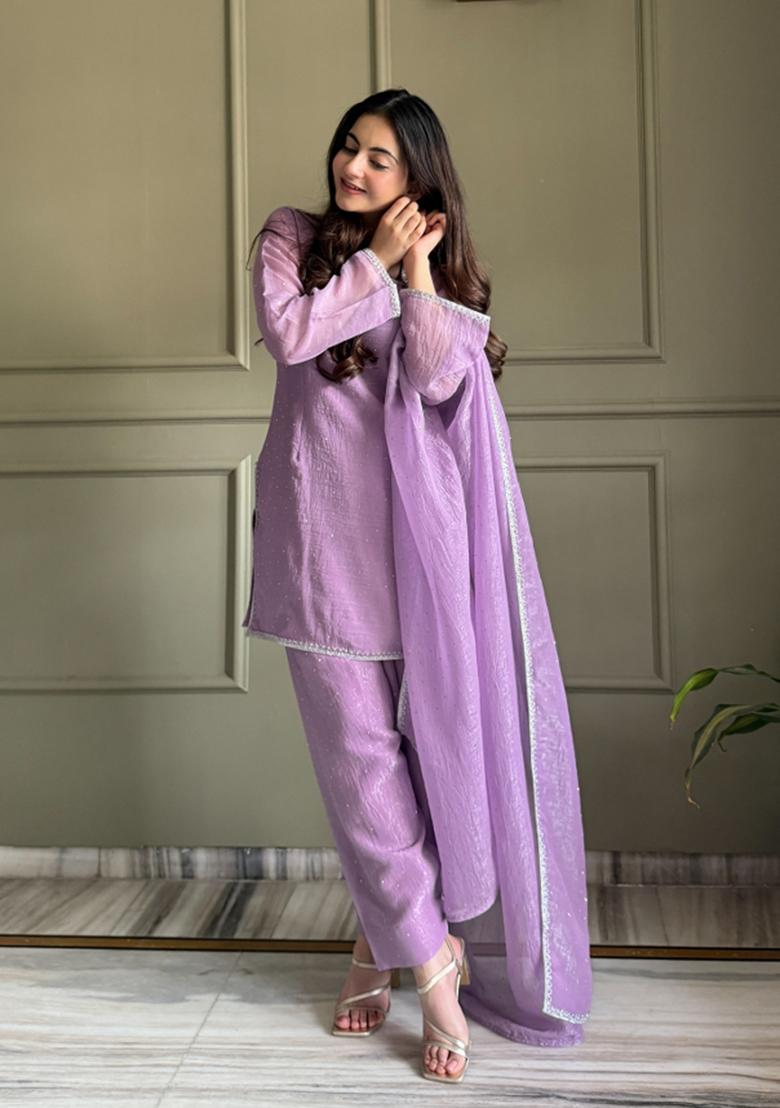 Lavender Thread Work Silk Salwar Kameez - Indya