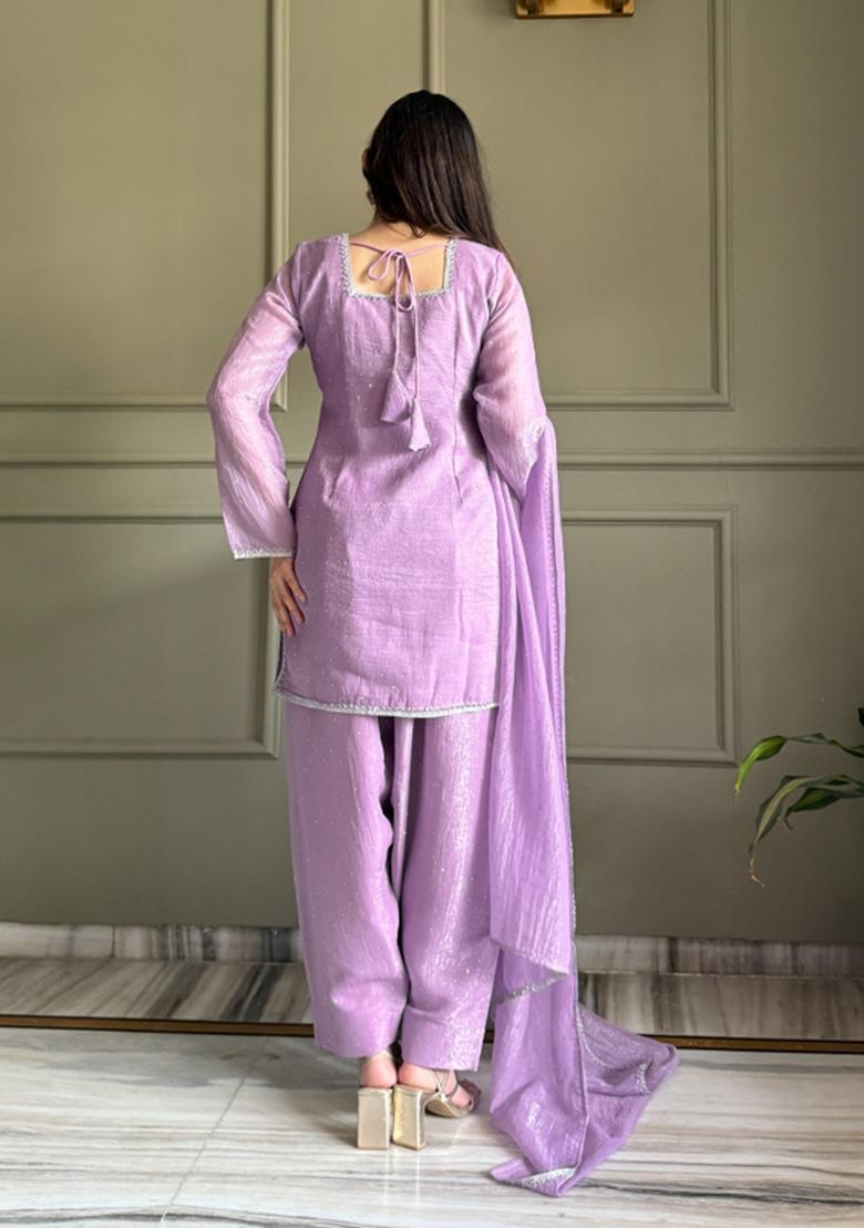 Lavender Thread Work Silk Salwar Kameez - Indya
