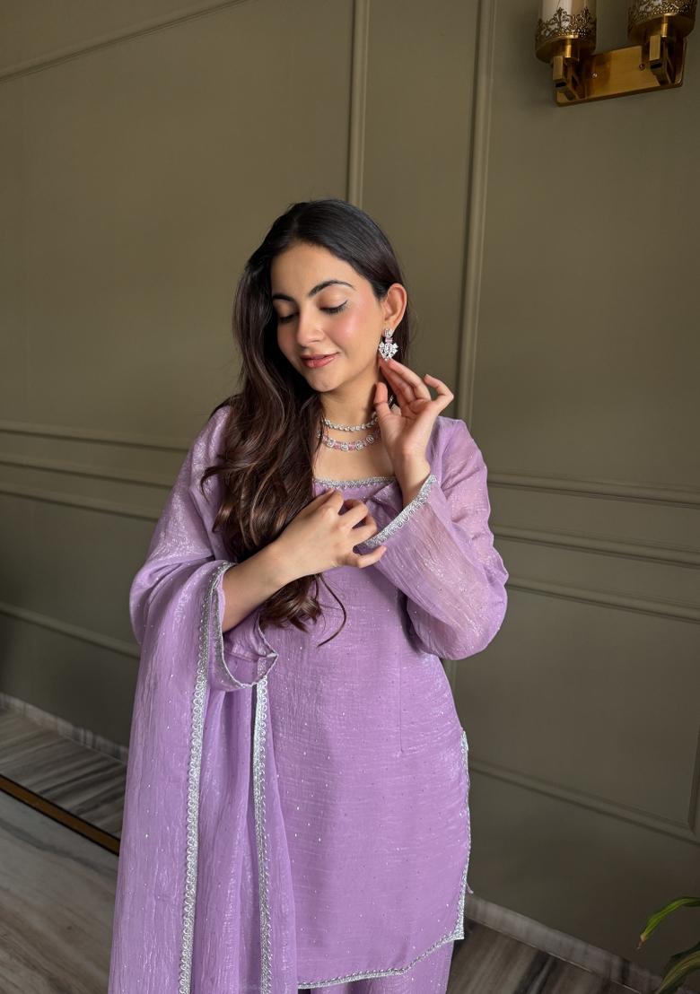 Lavender Thread Work Silk Salwar Kameez - Indya