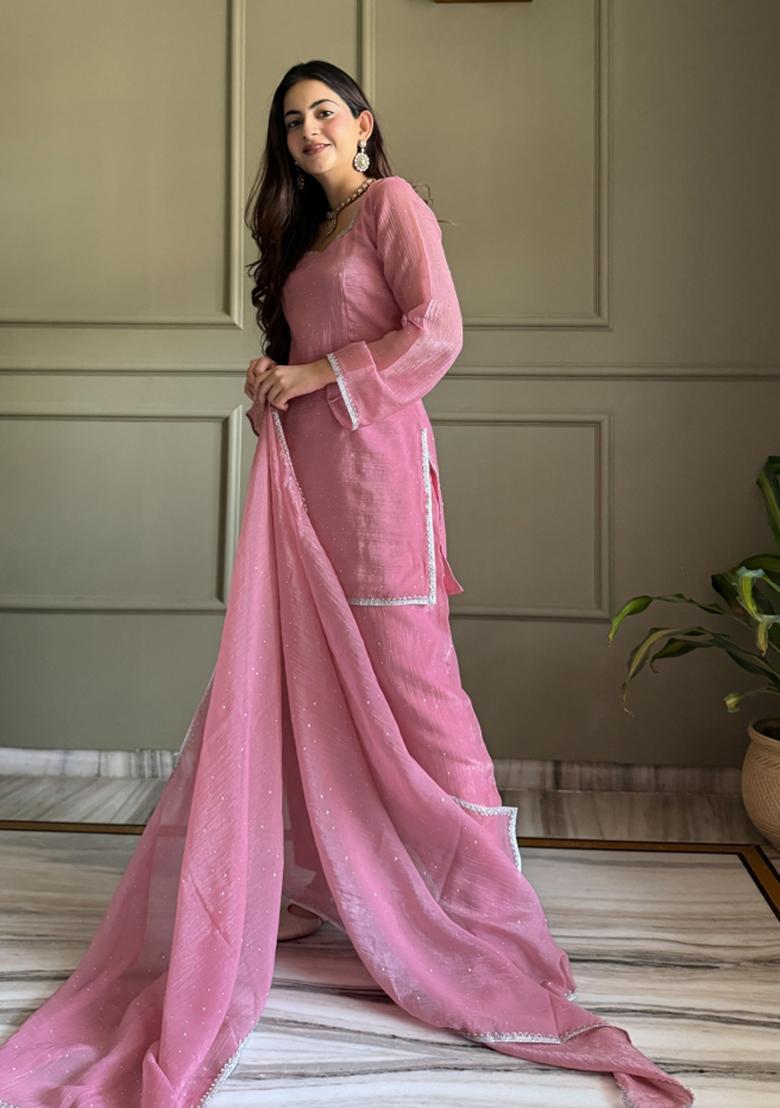 Pink Thread Work Silk Salwar Kameez - Indya