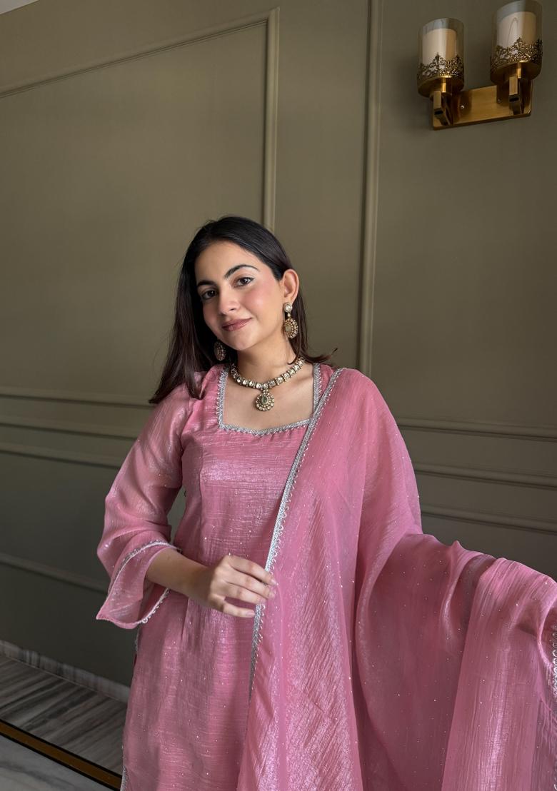 Pink Thread Work Silk Salwar Kameez - Indya