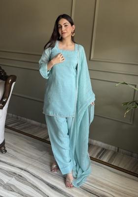Sky Blue Thread Work Silk Salwar Kameez