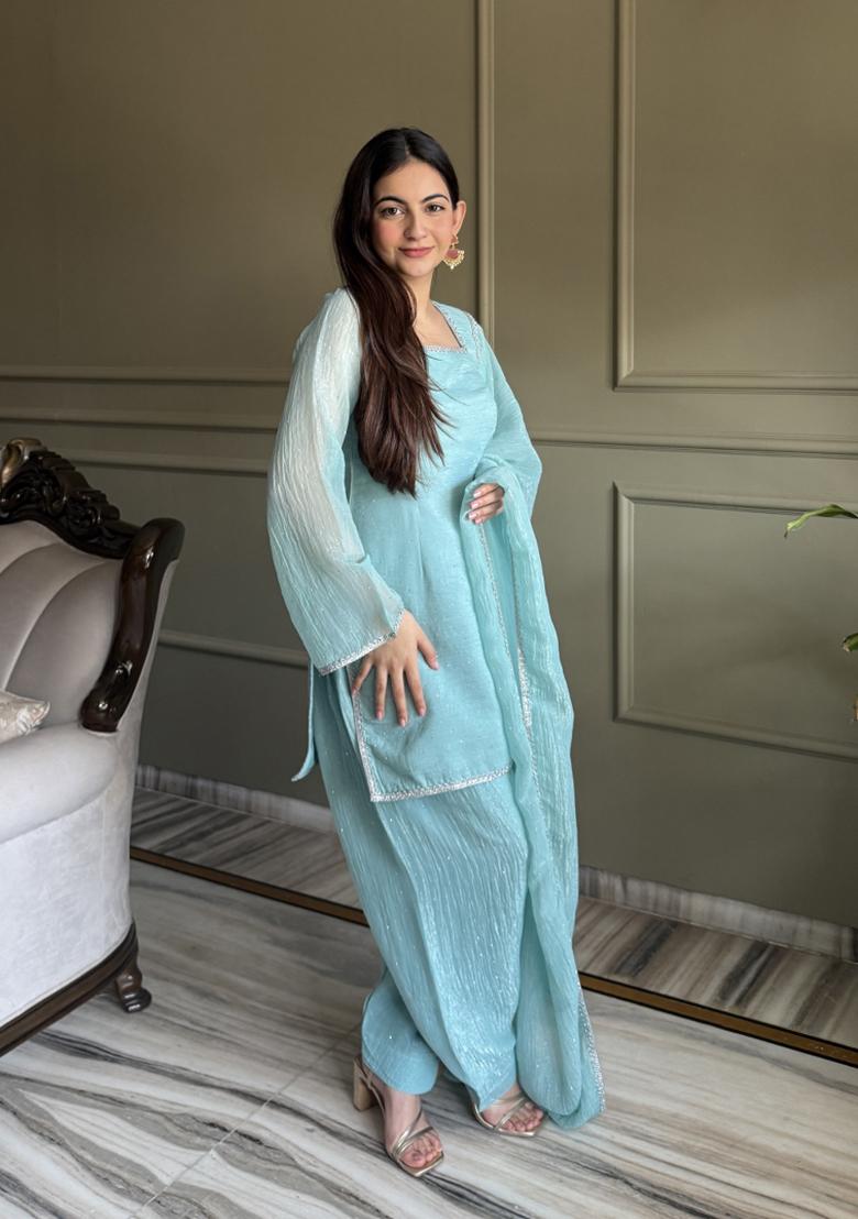 Sky Blue Thread Work Silk Salwar Kameez - Indya