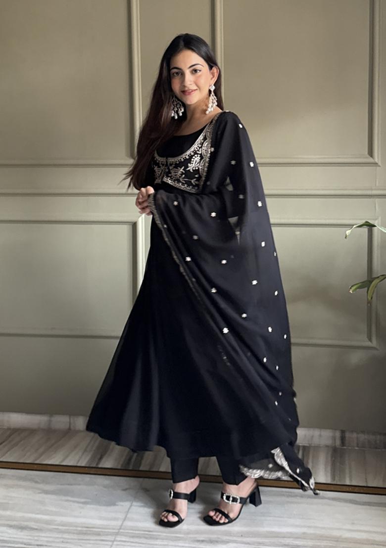 Black Thread Work Georgette Salwar Kameez - Indya