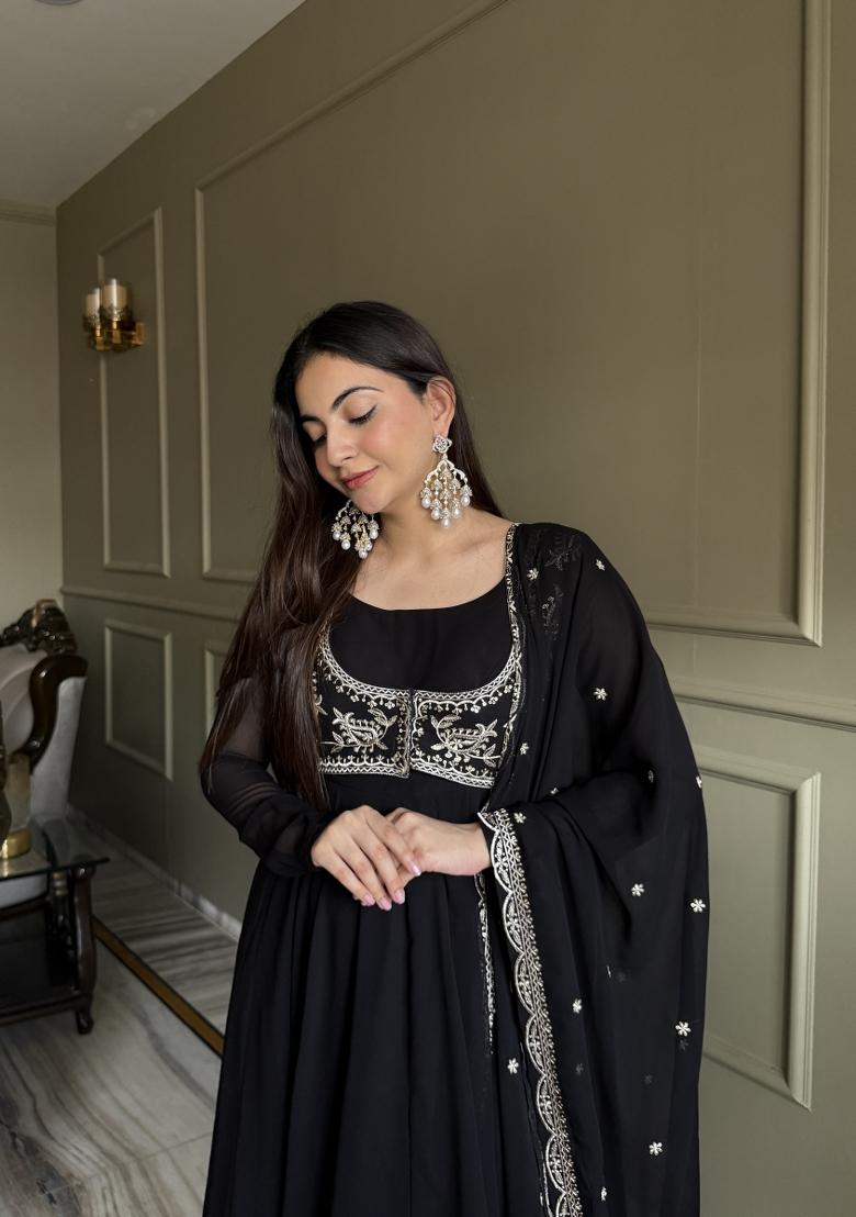 Black Thread Work Georgette Salwar Kameez - Indya
