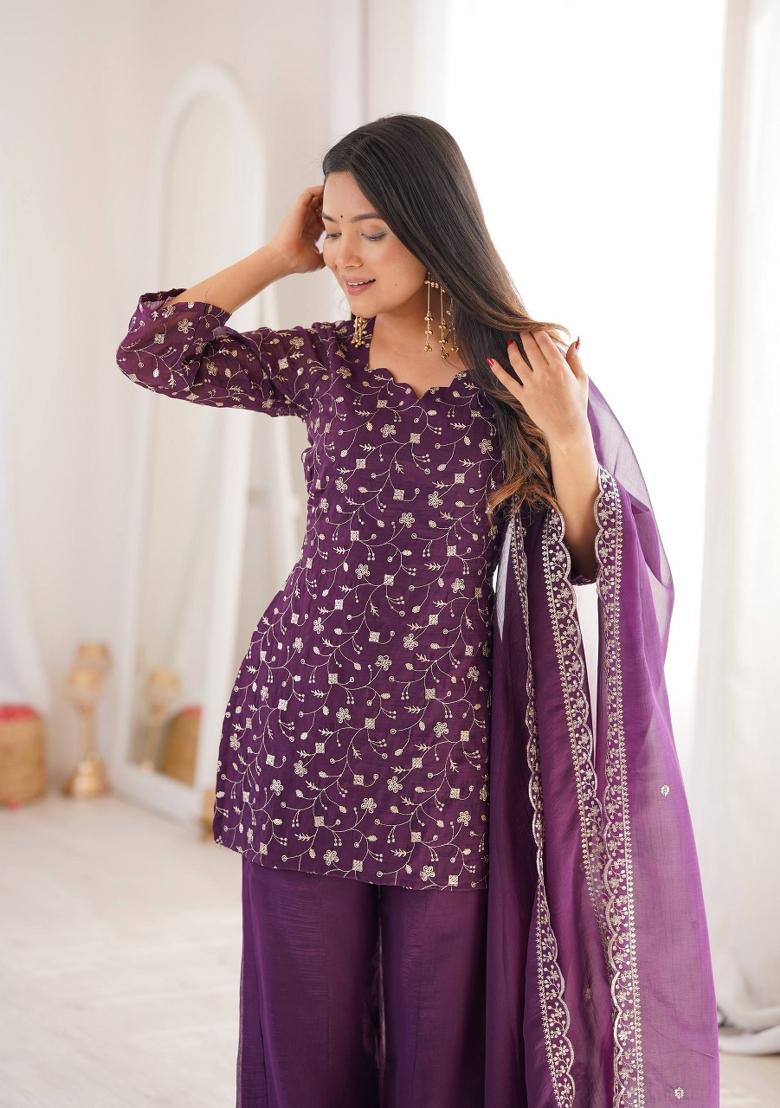Wine Thread Work Silk Salwar Kameez - Indya