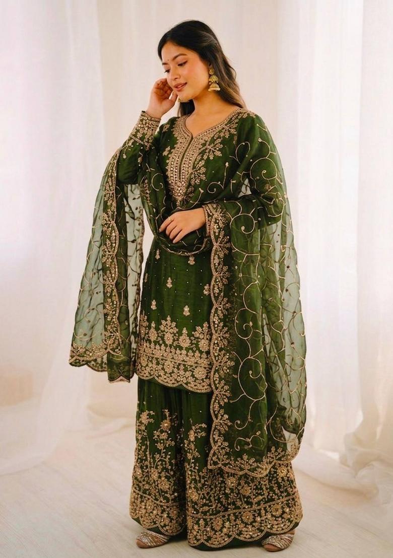Green Thread Work Silk Salwar Kameez - Indya