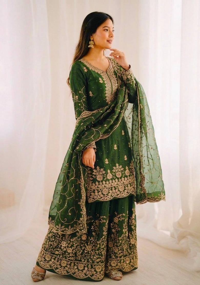 Green Thread Work Silk Salwar Kameez - Indya