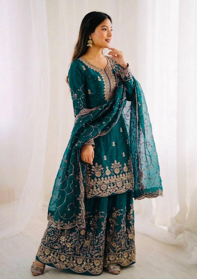 Morpeach Thread Work Silk Salwar Kameez - Indya