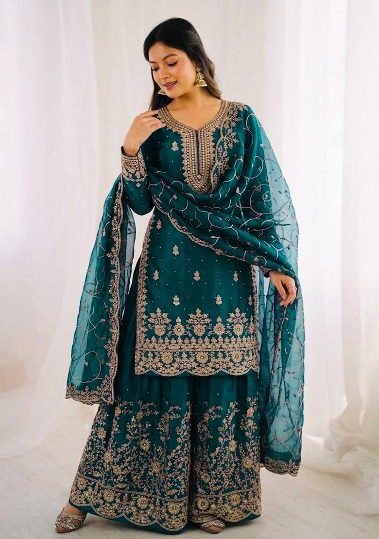 Morpeach Thread Work Silk Salwar Kameez - Indya