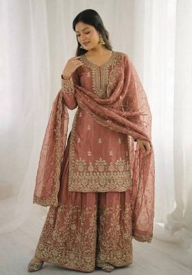 Peach Thread Work Silk Salwar Kameez
