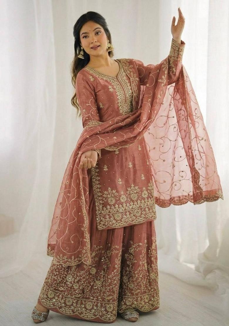 Peach Thread Work Silk Salwar Kameez - Indya