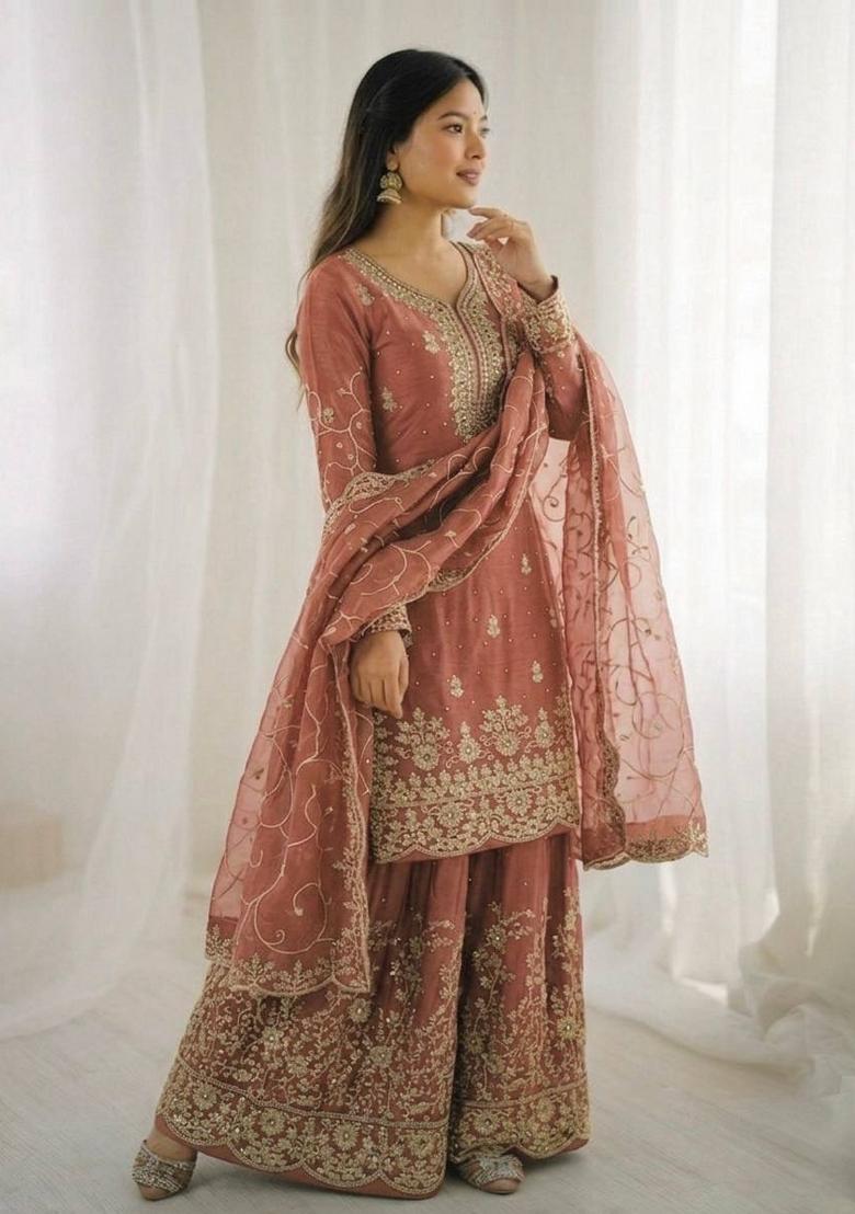 Peach Thread Work Silk Salwar Kameez - Indya