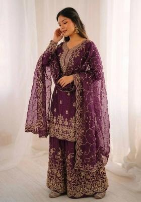 Wine Thread Work Silk Salwar Kameez