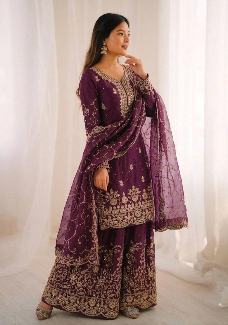Wine Thread Work Silk Salwar Kameez - Indya